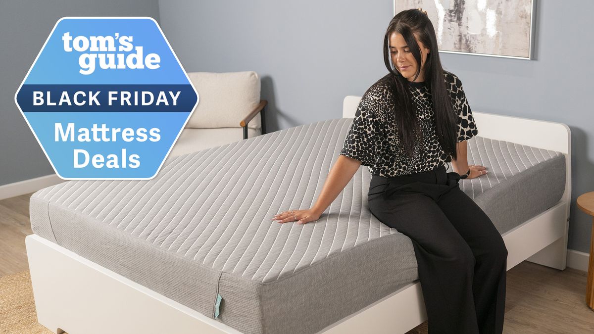 A woman sits on the edge of a Siena Memory Foam Mattress, a Tom&#039;s Guide Black Friday mattress deals graphic (left)