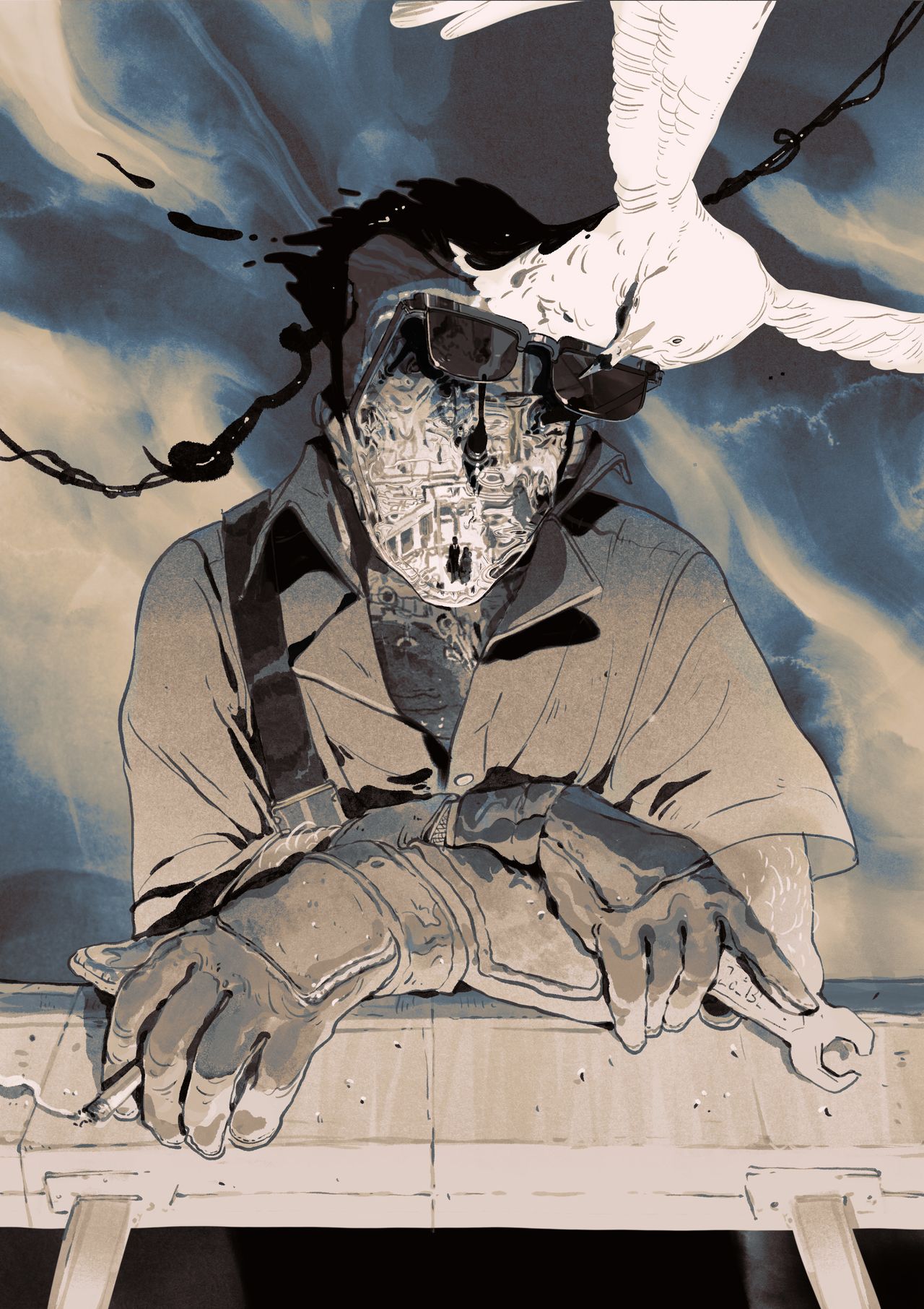 Art of a man in heavy work gloves and coveralls with a machine face having his sunglasses stolen by a seagull