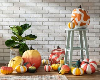 Pumpkin decorating ideas by Rustoleum using red, orange and white paint in assortment of striped, chalked and swirled designs with green ladder, houseplant and white brick wall decor in background