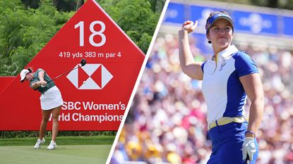 Solheim Cup Star Linn Grant celebrating and hitting a tee shot at the HSBC Women's World Championship, Singapore
