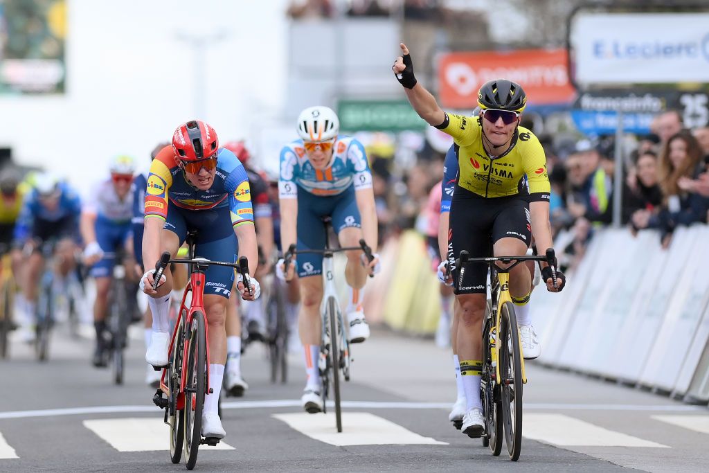 LES MUREAUX FRANCE MARCH 03 A general view of Olav Kooij of The Netherlands and Team Visma Lease a Bike R celebrates at finish line as stage winner Mads Pedersen of Denmark and Team Lidl Trek L during the 82nd Paris Nice 2024 Stage 1 a 1577km stage from Les Mureaux to Les Mureaux UCIWT on March 03 2024 in Les Mureaux France Photo by Alex BroadwayGetty Images