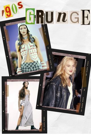 90s grunge fashion is shown in a collage with a photo of Drew Barrymore and two models on the runway wearing grunge-inspired looks