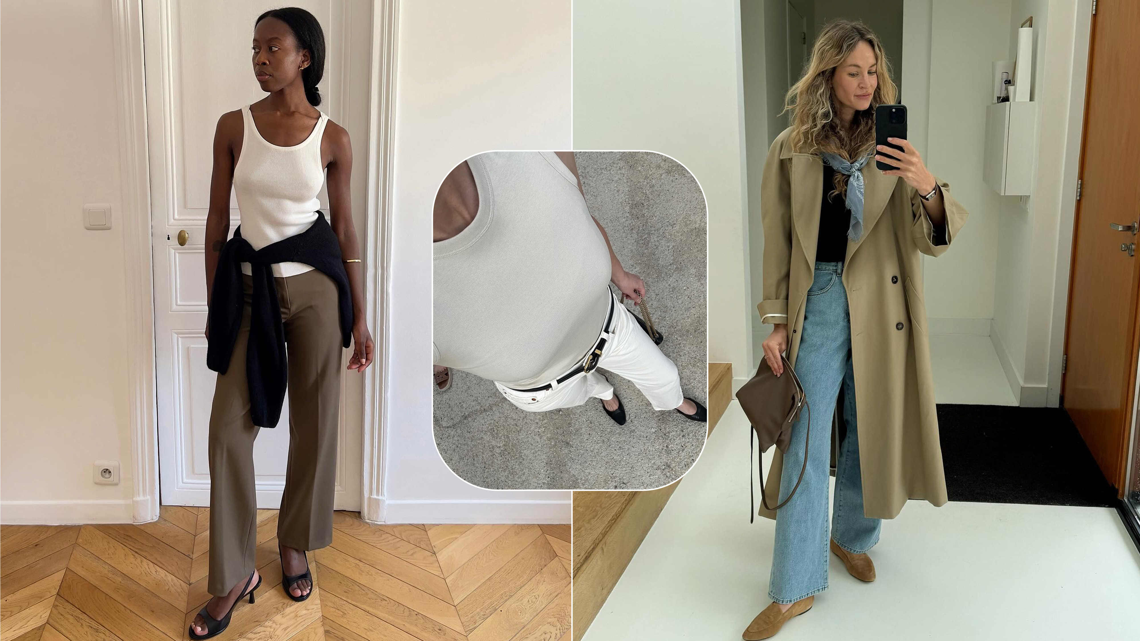 Collage of women wearing fashionable outfits.