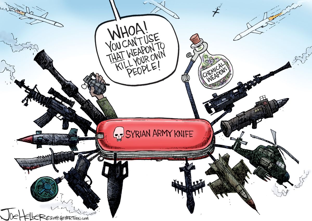 Political cartoon U.S. Trump Syria attack chemical weapons Assad | The Week, image size:1200x851