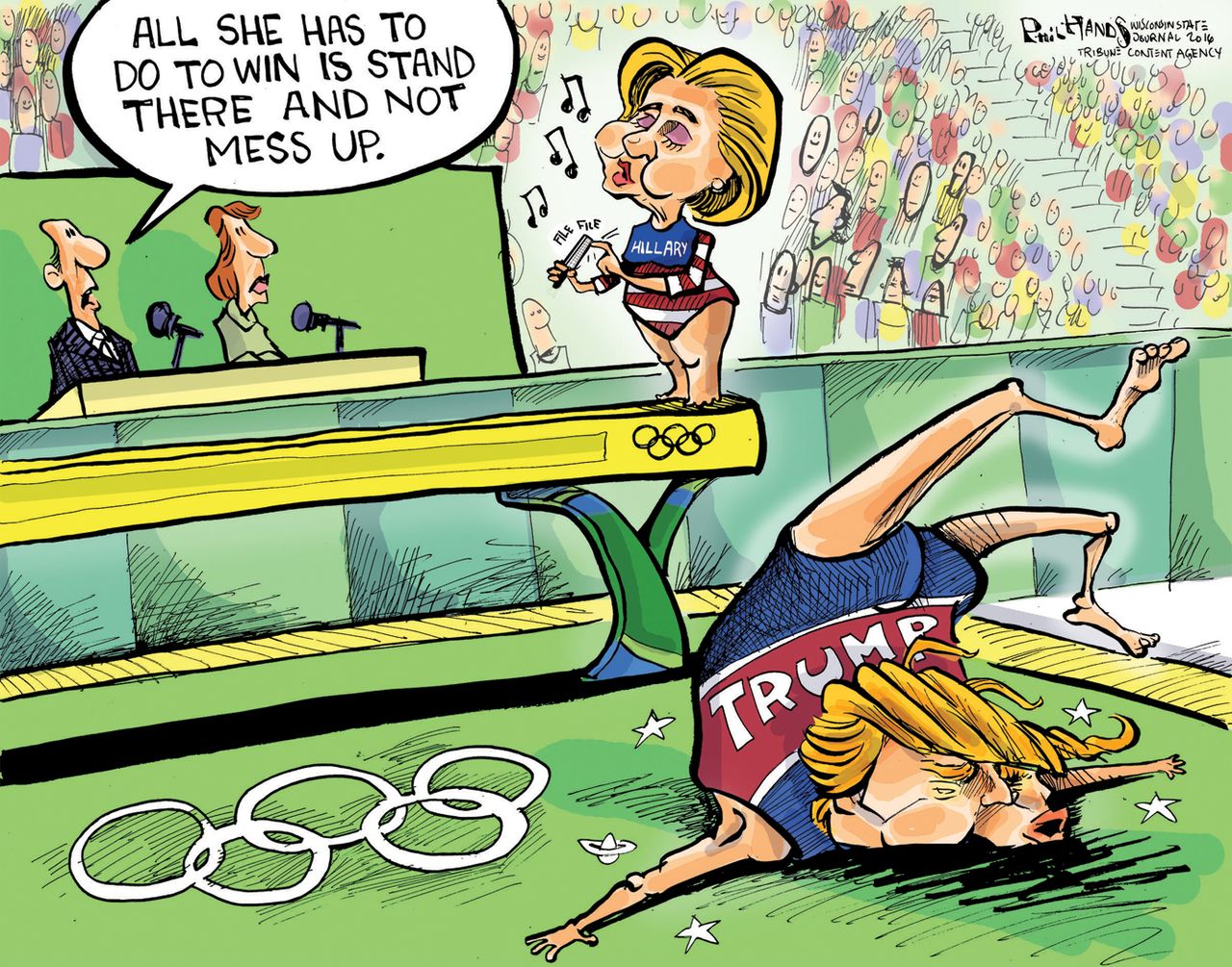 Political cartoon U.S. Hillary Clinton race presidency Donald Trump Rio Olympics