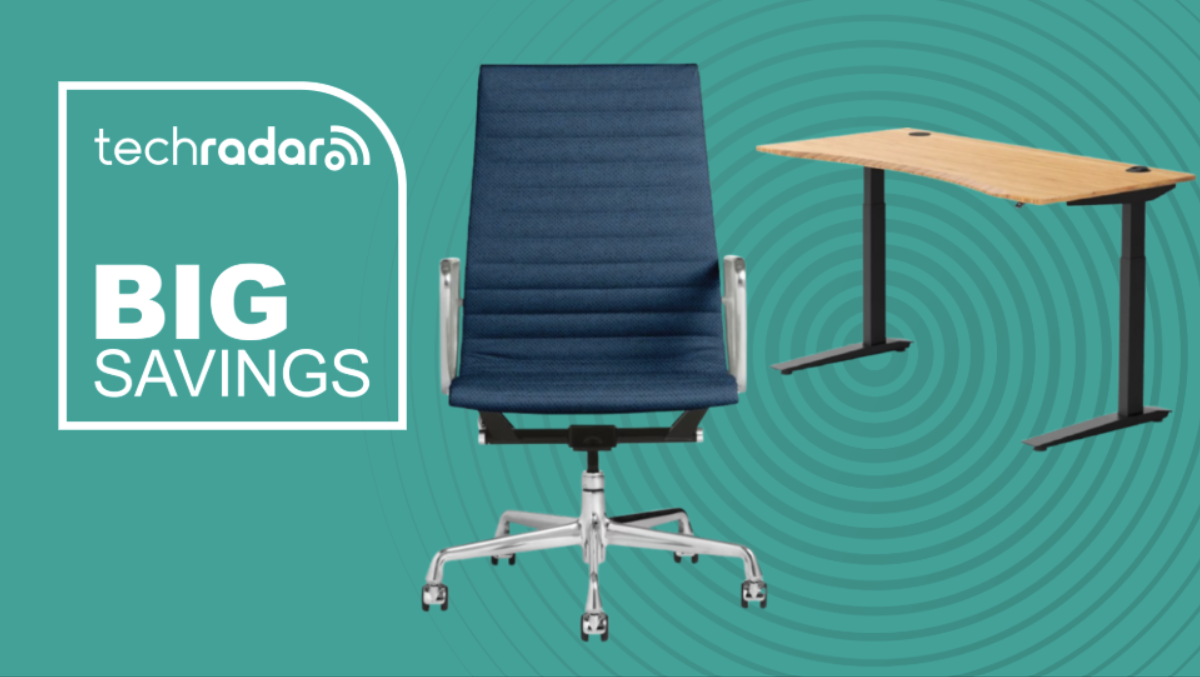 Herman Miller standing desk and office chair on a green background next to a TechRadar badge reading &#039;Big Savings&#039;