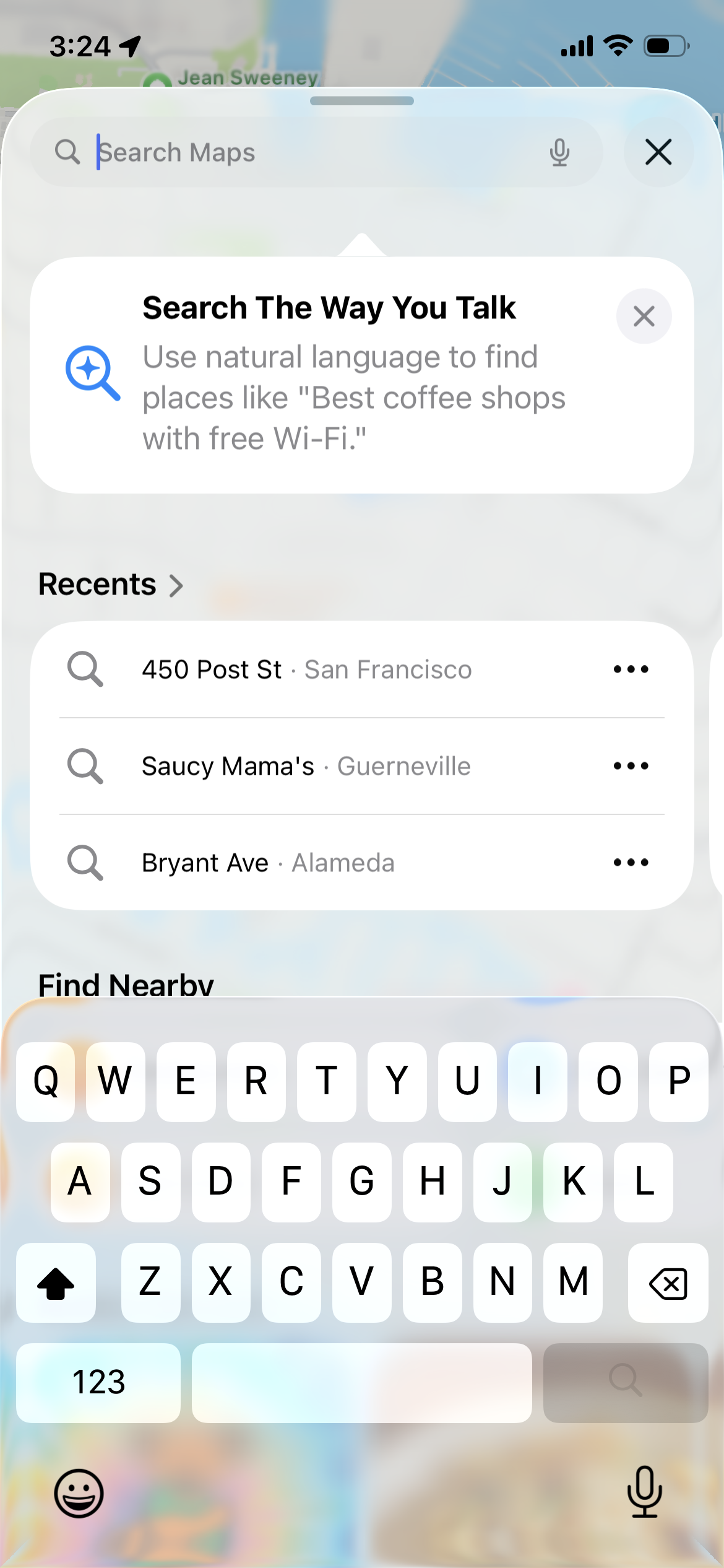 Screenshot of Apple Maps in iOS 26 public beta with natural language search