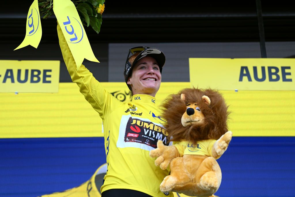 BARSURAUBE FRANCE JULY 27 Marianne Vos of Netherlands and Jumbo Visma Women Team celebrates winning the yellow leader jersey on the podium ceremony after the 1st Tour de France Femmes 2022 Stage 4 a 1268km stage from Troyes to BarSurAube TDFF UCIWWT on July 27 2022 in BarsurAube France Photo by Dario BelingheriGetty Images