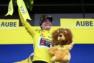 BARSURAUBE FRANCE JULY 27 Marianne Vos of Netherlands and Jumbo Visma Women Team celebrates winning the yellow leader jersey on the podium ceremony after the 1st Tour de France Femmes 2022 Stage 4 a 1268km stage from Troyes to BarSurAube TDFF UCIWWT on July 27 2022 in BarsurAube France Photo by Dario BelingheriGetty Images