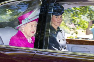 Queen Elizabeth II and Catherine, Duchess of Cambridge are driven to Crathie Kirk Church