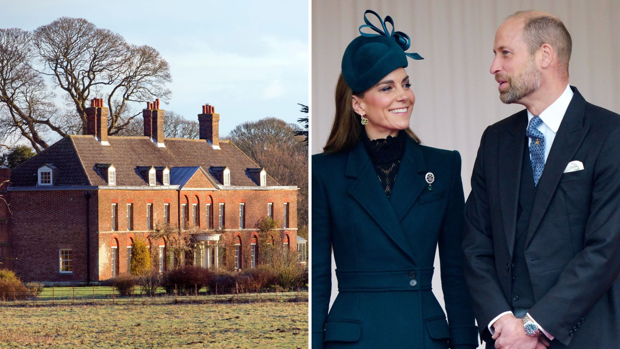 A picture of Anmer Hall and a picture of Prince William and Kate Middleton looking at each other during a state visit welcoming ceremony in October 2026