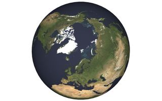 A view of Earth from above the North Pole reveals where the Arctic, Pacific and Atlantic ocean basins meet.
