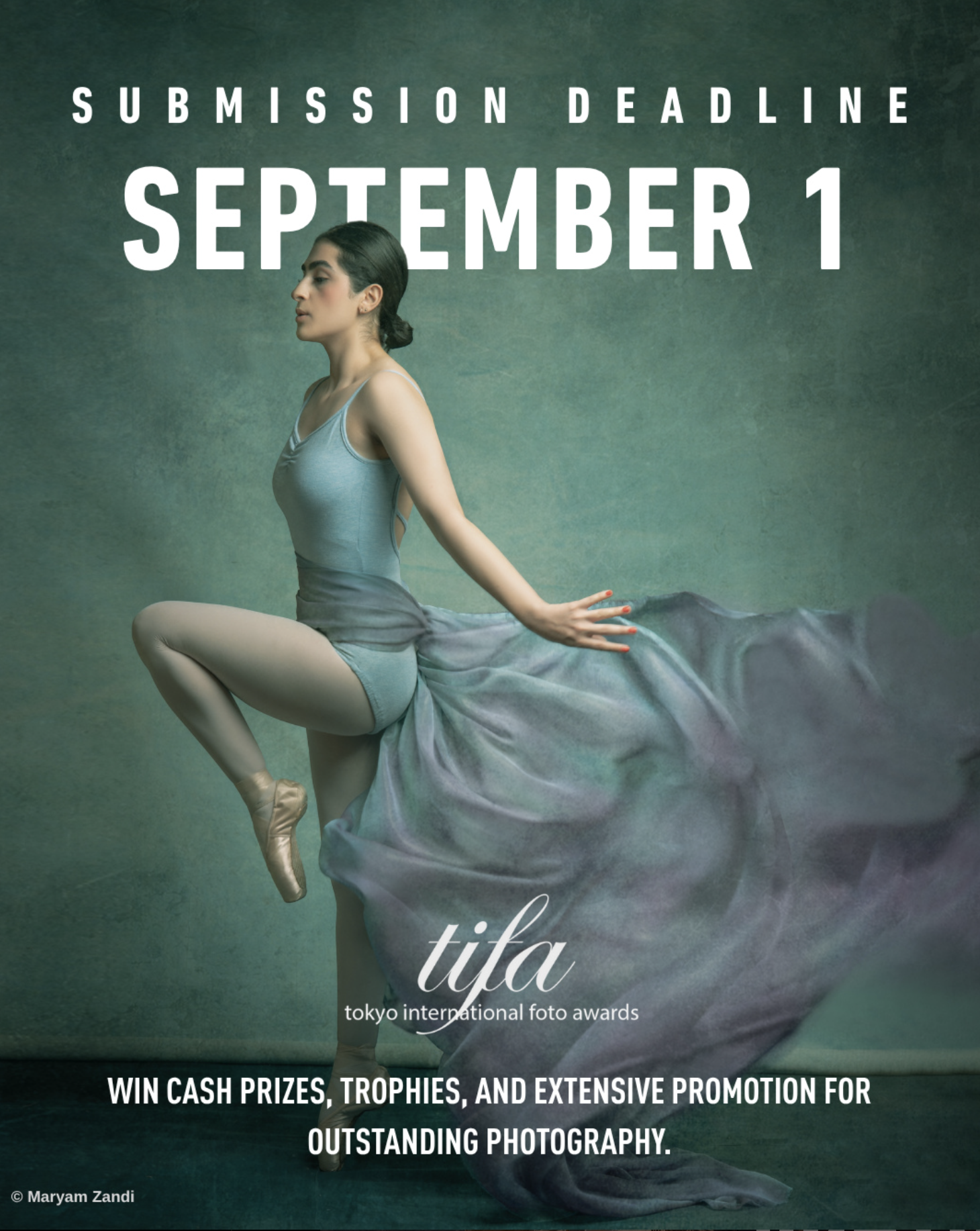 A ballet dancer in a flowing dress leaps gracefully against a textured green background, promoting the Tokyo International Foto Awards
