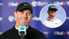 Rory McIlroy speaking to media and an inset of Charley Hoffman