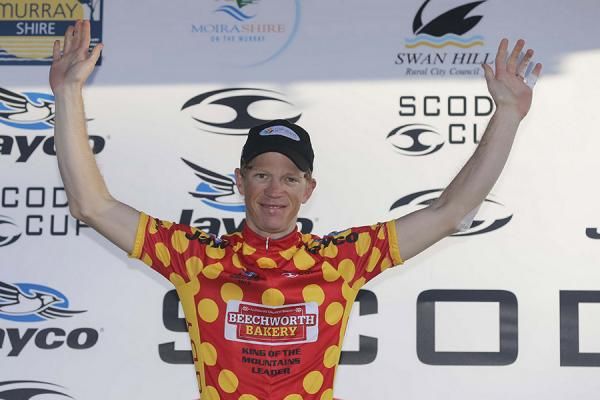 Patrick Shaw (Genesys Wealth Advisers) wears the polka dot jersey for the Beechworth Bakery King of the Mountains Championship