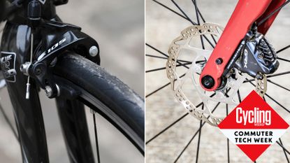 Image shows one commuting bike with disc brakes and another with rim brakes