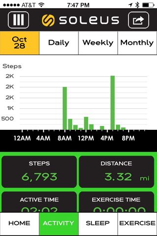 The activity tracking tab of the Soleus Go app.