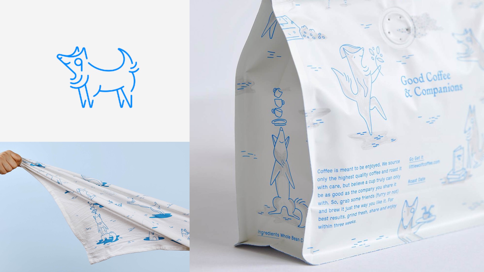 A three-part product collage showing a blue line-art logo of a stylized wolf/dog, a person holding up a white muslin cloth with similar blue line-art patterns, and a close-up of a white coffee bag featuring the same blue line-art and the words "Good Coffee &amp;amp; Companions."