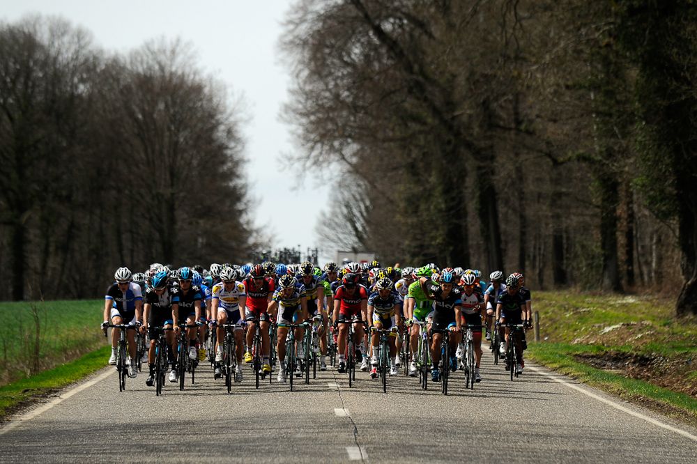 The peloton makes its way through the Belgian countryside during the 76th La Fleche Wallonne in 2012.