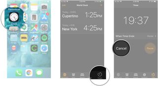 How to clear a timer in iOS 15: Launch the Clock app, tap the Timer tab, tap Cancel