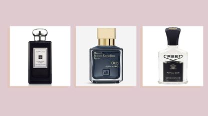 Collage of three of the best oud perfumes from Jo Malone, Creed and Maison Francis Kurkdijan on a desert backdrop