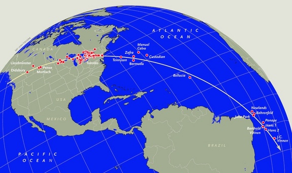 The red dots mark locations where the meteor procession of February 9, 1913, was observed. The accounts from the ships at latitudes south of the S.S. Newlands were discovered during the preparation of this article. The ground track, projected onto the rotating Earth, deviates somewhat from a great circle, with the southern part of the track shifted several degrees to the west because of the rotation of the Earth during the time of flight from Canada to the shipping lanes below the equator. To travel so far around the curvature of the Earth, the members of the 1913 meteor procession apparently followed tracks similar to the gradual reentry of satellites in low Earth orbit.