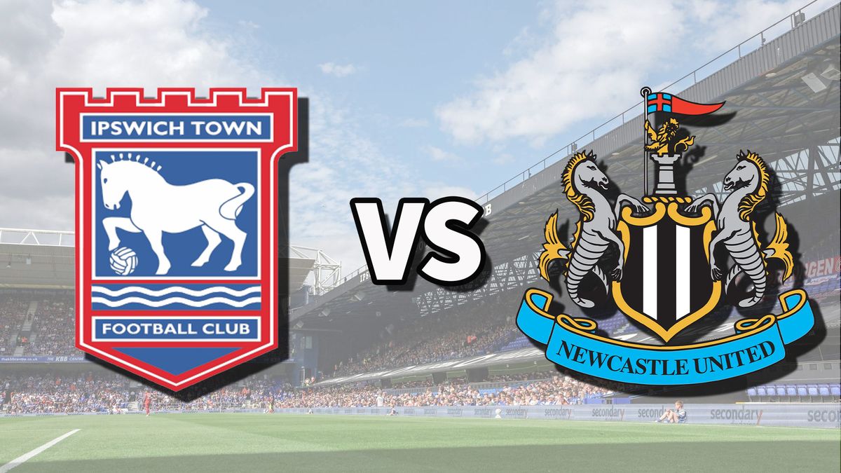 The Ipswich Town and Newcastle United club badges on top of a photo of Portman Road in Ipswich, England