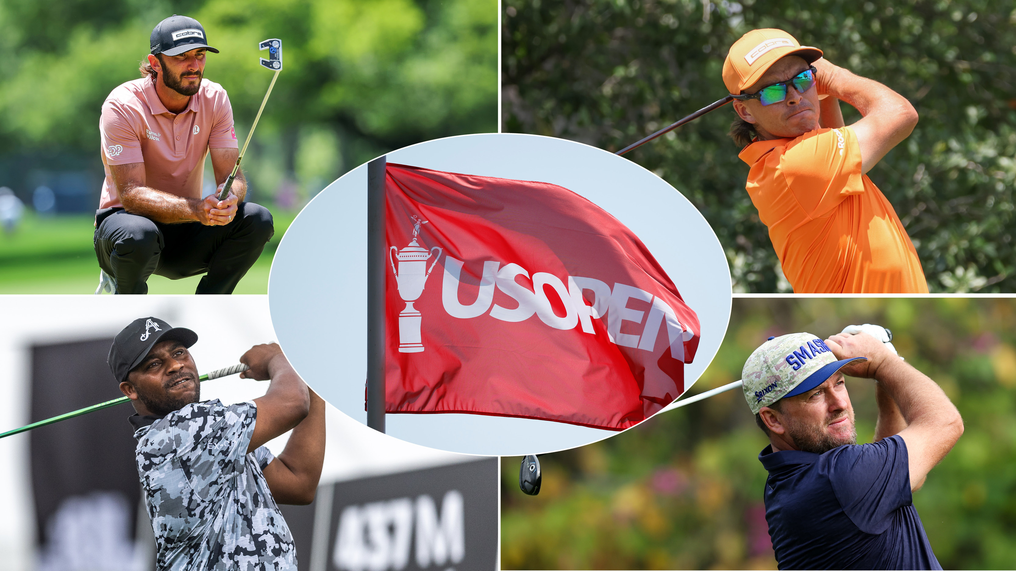 Images of Max Homa, Rickie Fowler, Harold Varner III and Graeme McDowell as well as a central image of a US Open flag