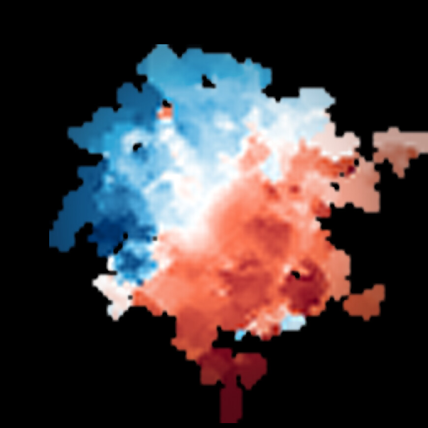 The movement of cold gas in the REBELS-25 galaxy as seen by the Atacama Large Millimeter/submillimeter Array (ALMA). Blue color indicates movement towards the Earth, red indicates movement away from the Earth, and darker shades represent faster movement. In this case, the red and blue splits in the image clearly indicate that the object is rotating, making REBELS-25 the most distant rotating disk galaxy ever discovered.