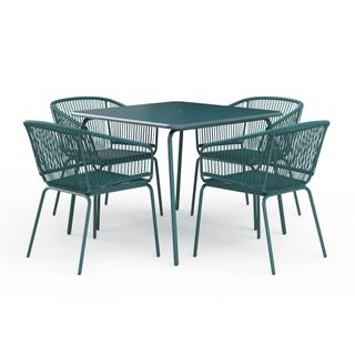 A teal garden table and set of four chairs