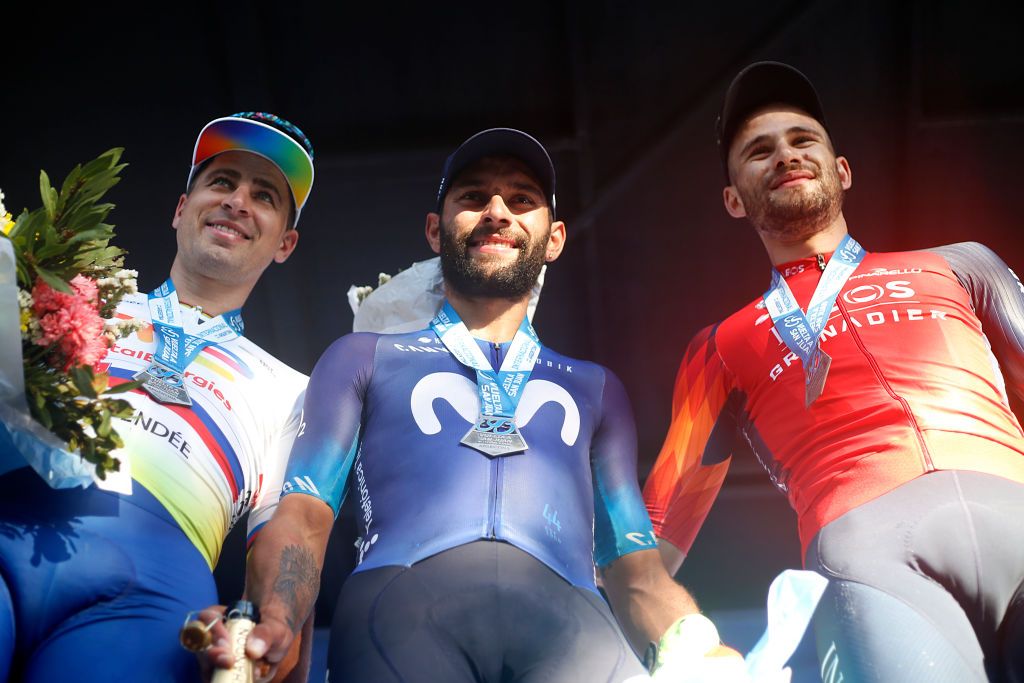 SAN JUAN ARGENTINA JANUARY 25 LR Peter Sagan of Slovakia and Team Total Energies on second place stage winner Fernando Gaviria of Colombia and Movistar Team and Filippo Ganna of Italy and Team INEOS Grenadiers on third place pose on the podium ceremony after the 39th Vuelta a San Juan International 2023 Stage 4 a 1965km stage from Autodrmo de Villicum to Barreal VueltaSJ2023 on January 25 2023 in San Juan Argentina Photo by Maximiliano BlancoGetty Images