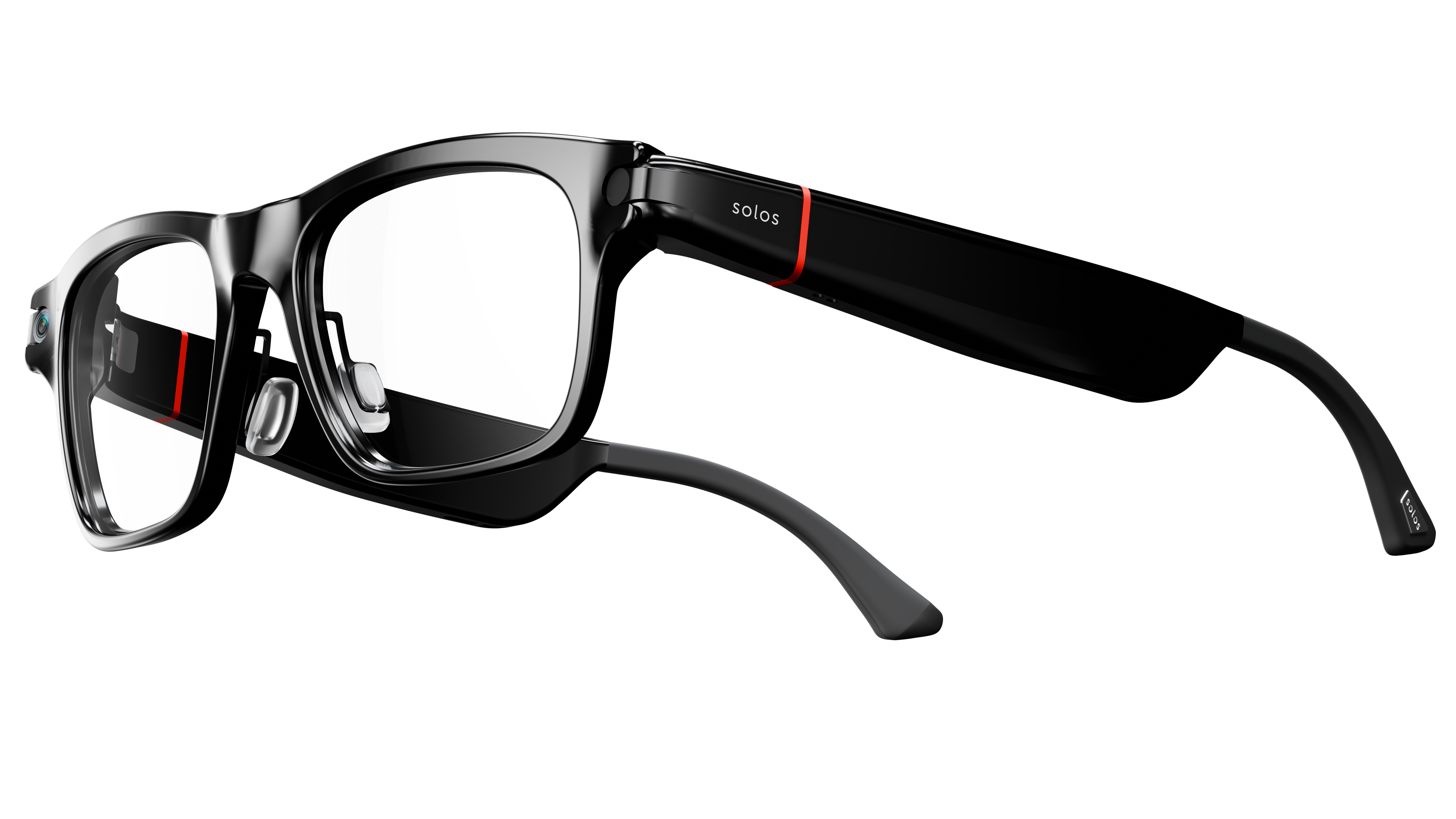 black Solos AirGo V2 smart glasses against a white background