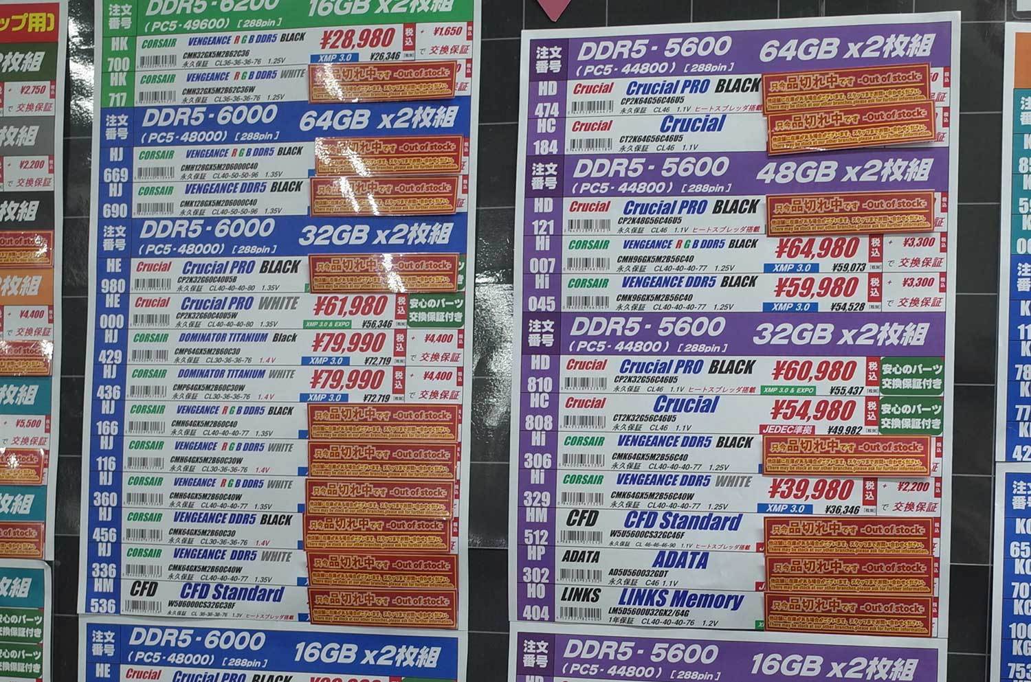 DDR5 memory price list of TSUKUMO eX. The photo is from the evening of November 21st
