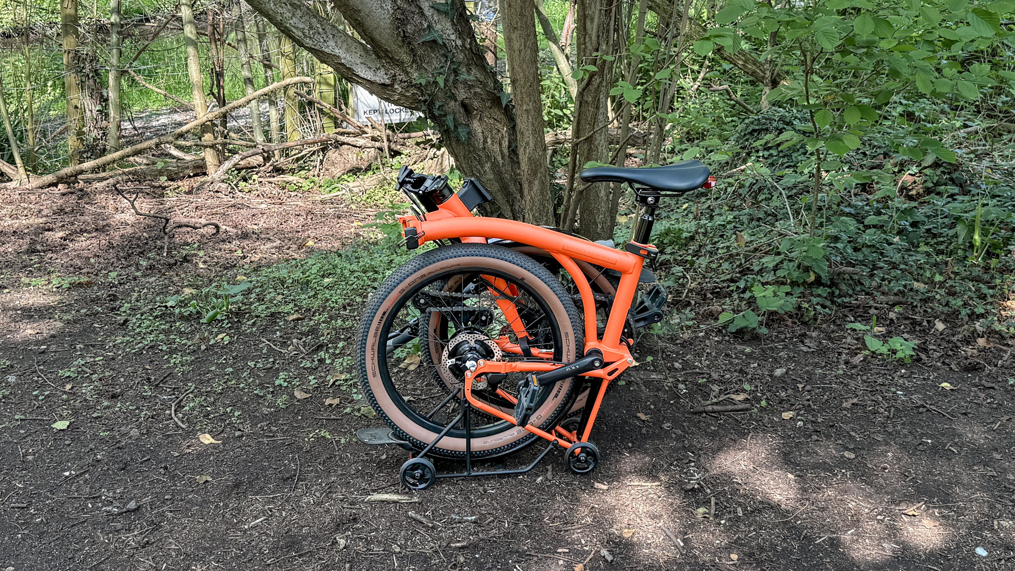 Brompton G Line folding bike in action on gravel and city streets