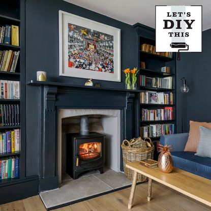 living room with wooden flooring and book shelves