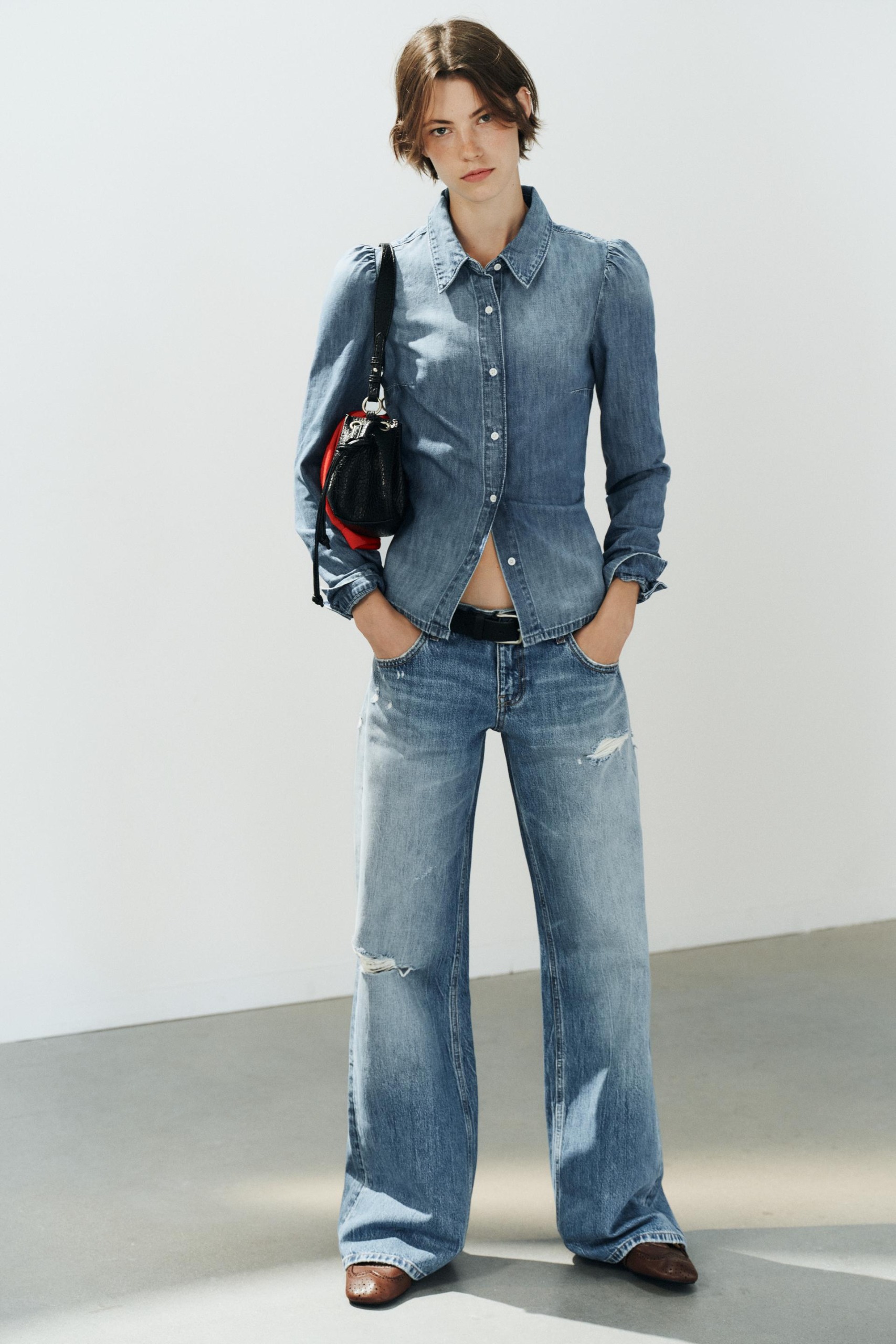Trf Gathered Shoulder Denim Shirt - Blue - Xs