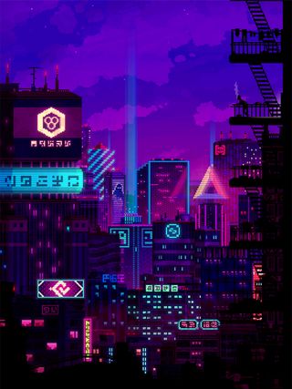 Pixel art: Nighttime cityscape glowing with neon signs