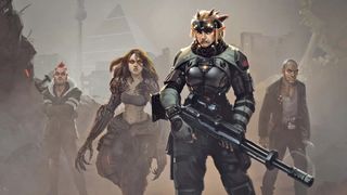 A troll with a sniper rifle leads a band of shadowrunners