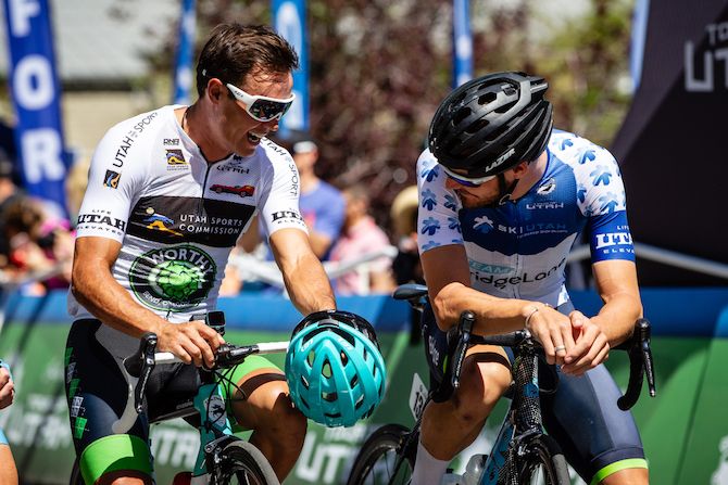 Travis McCabe (Worthy Pro Cycling) and Hayden McCormick (Team Bridgelane) talk on the start line before stage 6 of the 2019 Tour of Utah