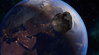 This artistic concept image shows an asteroid flying by Earth.