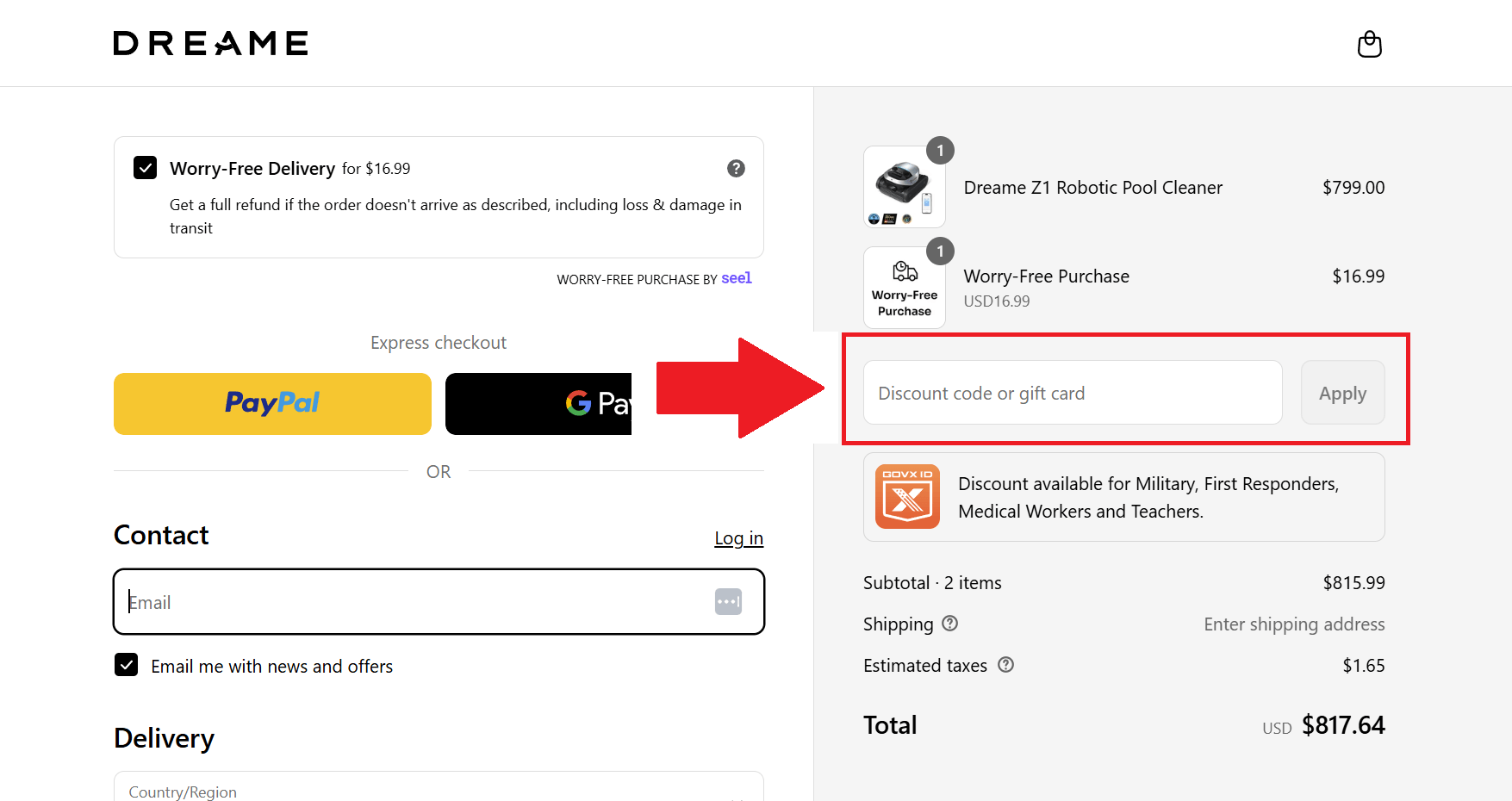 A screenshot of the Dreame checkout page showing where to put a coupon code 