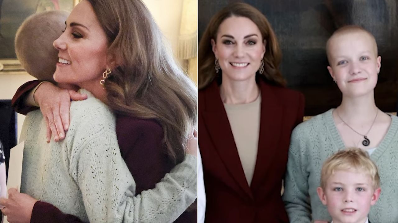 Kate Middleton wears a burgundy suit while meeting young photographer, Liz Hatton, who has a rare form of cancer