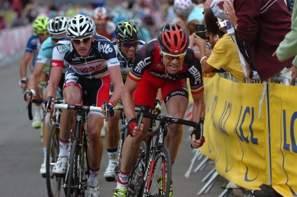 Cadel Evans (BMC) turns on the gas with Jurgen Van den Broeck (Lotto-Belisol) close behind