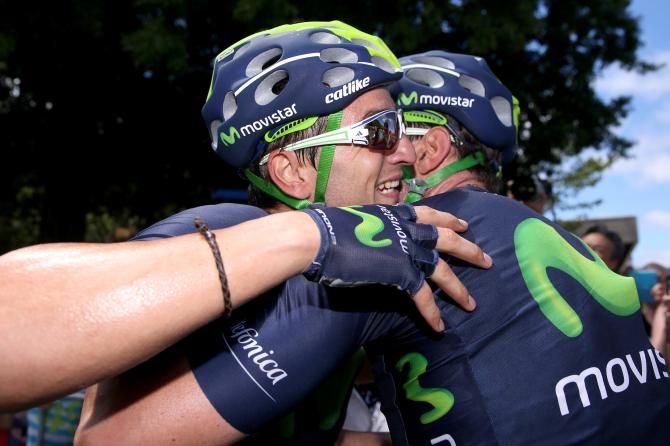 Juan Jose Lobato celebrates with his Movistar teammate