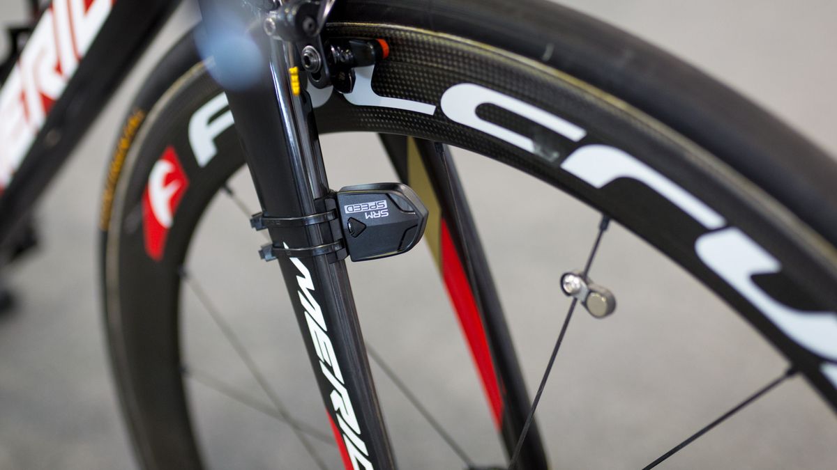 The SRM power meter is paired with a SRM speed sensor, which is located on the fork arm