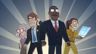 President Curtis stands alongside his aides in the promotional art for Adult Swim's new Rick & Morty spin-off