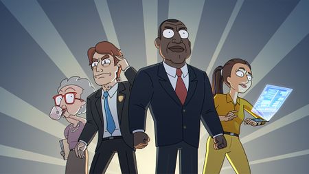 President Curtis stands alongside his aides in the promotional art for Adult Swim's new Rick & Morty spin-off