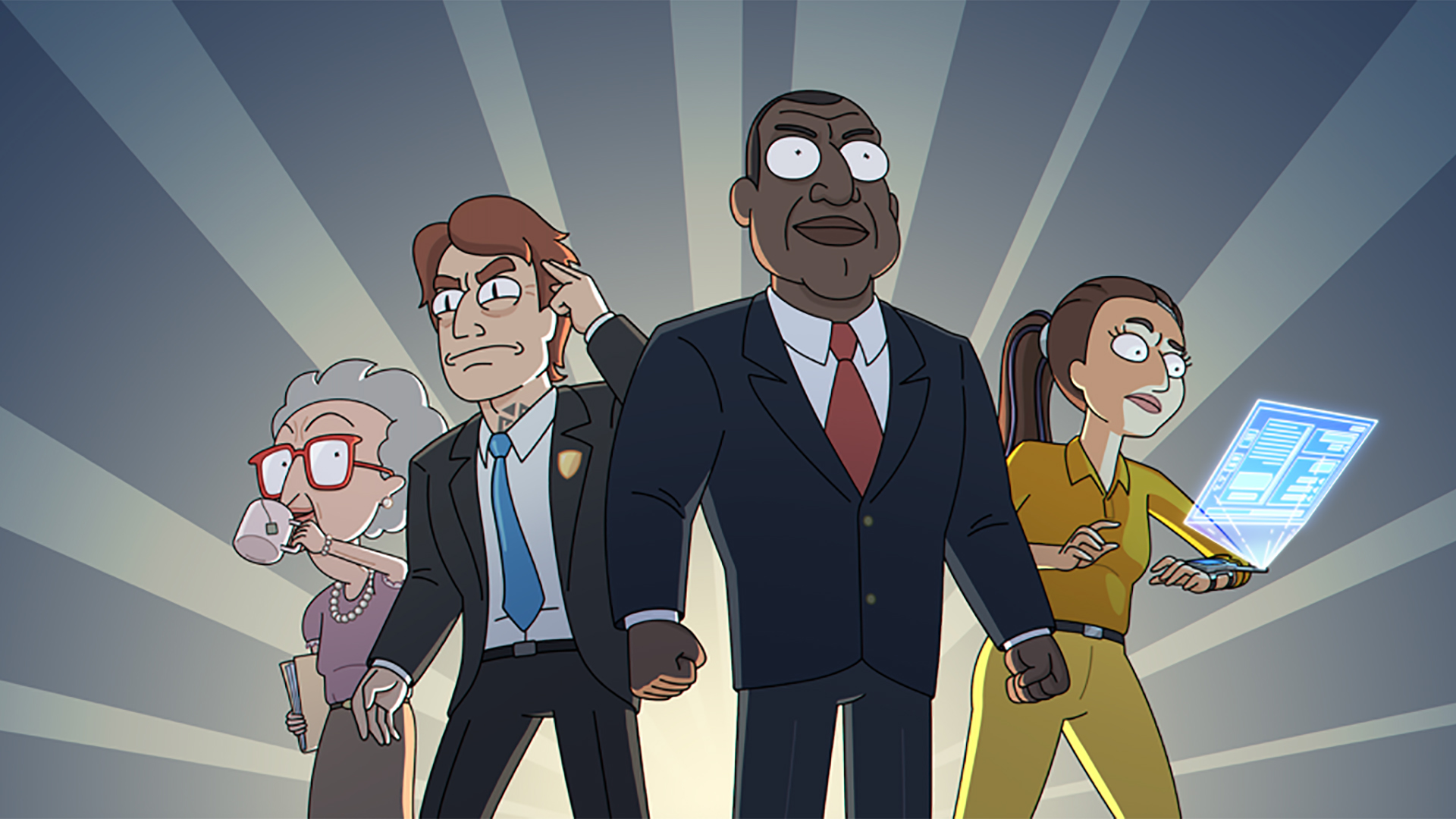 President Curtis stands alongside his aides in the promotional art for Adult Swim&#039;s new Rick &amp; Morty spin-off