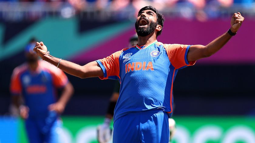 asprit Bumrah of India celebrates after dismissing Azam Khan of Pakistan during the ICC Men&#039;s T20 Cricket World Cup West Indies &amp; USA 2024 match between India and Pakistan at Nassau County International Cricket Stadium on June 09, 2024 in New York, New York.
