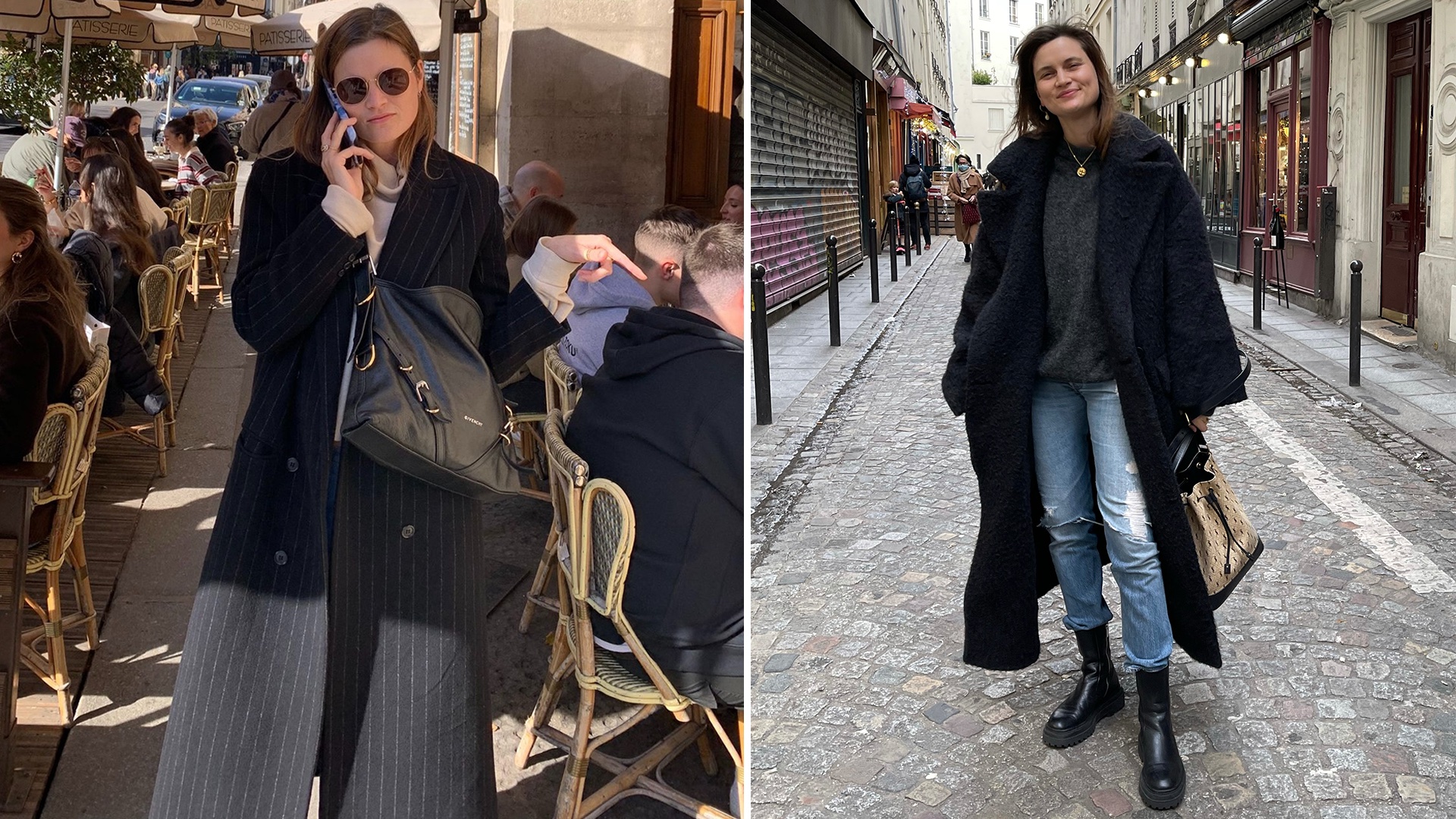 A collage of two looks from French editor and writer Eugenie Trochu wearing a maxi pinstripe coat, crossbody bag, long black faux fur coat, ripped jeans and black boots